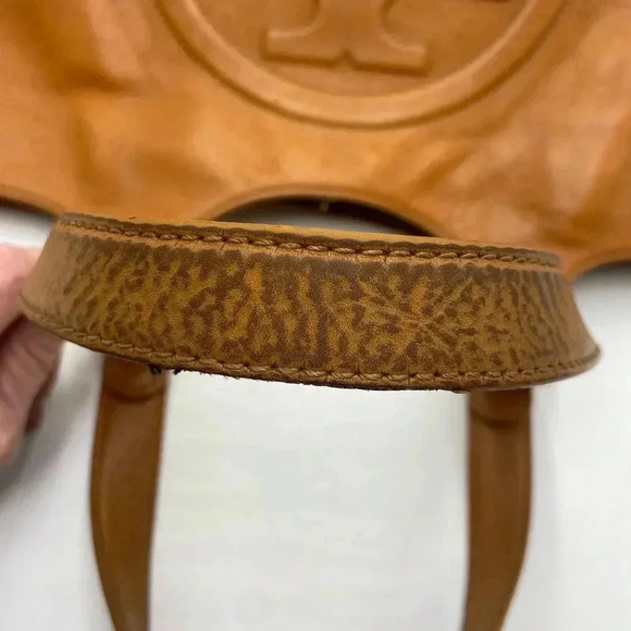 Vintage Tory Burch Bombe Glazed Leather Handbag Zip Top Tote in Luggage tan - Picture 7 of 12